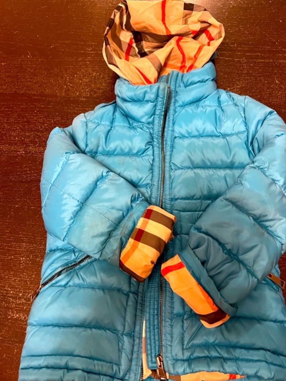 Burberry Teal Blue Quilted Hooded Puffer Jacket